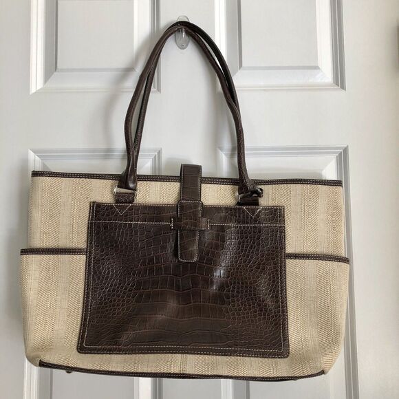 CROFT AND BARROW TOTE BAG LAPTOP BROWN/TAN SHOULDER CROCODILE & CAVANAS - Picture 1 of 13